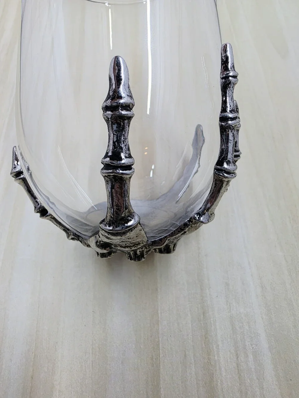 Pottery Barn Silver Skeleton Stemless Wine Glass Hand Blown Halloween 14oz